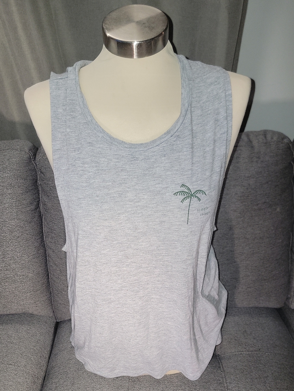 Vuori Light Gray Palm Tank Top with Small Green Graphic